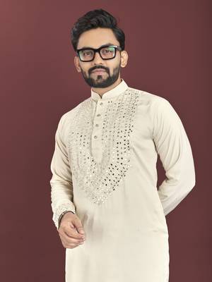 Cream soft silk real mirror handwork on neck & sleeve kurta pajama set 2
