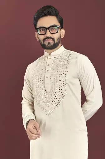Cream soft silk real mirror handwork on neck & sleeve kurta pajama set