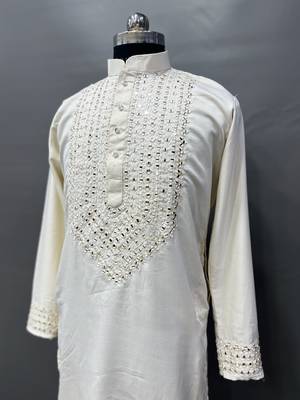 Cream soft silk real mirror handwork on neck & sleeve kurta pajama set 4