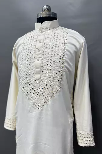 Cream soft silk real mirror handwork on neck & sleeve kurta pajama set