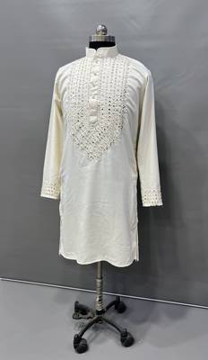 Cream soft silk real mirror handwork on neck & sleeve kurta pajama set 5