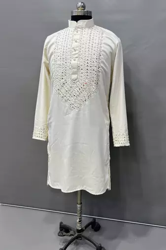 Cream soft silk real mirror handwork on neck & sleeve kurta pajama set