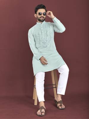 Sea blue soft silk real mirror handwork on neck & sleeve kurta pajama set 1