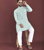Sea blue soft silk real mirror handwork on neck & sleeve kurta pajama set