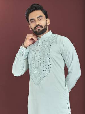 Sea blue soft silk real mirror handwork on neck & sleeve kurta pajama set 2