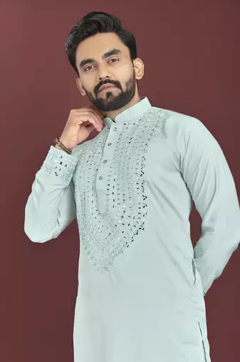 Sea blue soft silk real mirror handwork on neck & sleeve kurta pajama set