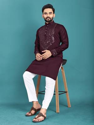 Wine soft silk real mirror handwork on neck & sleeve kurta pajama set 1