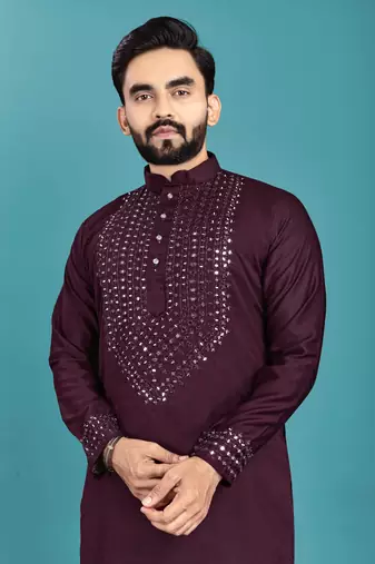 Wine soft silk real mirror handwork on neck & sleeve kurta pajama set