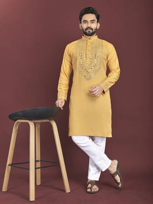 Yellow soft silk real mirror handwork on neck & sleeve kurta pajama set 1