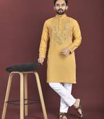 Yellow soft silk real mirror handwork on neck & sleeve kurta pajama set