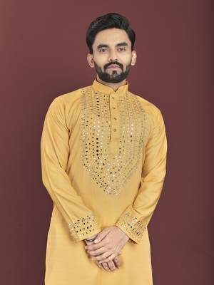 Yellow soft silk real mirror handwork on neck & sleeve kurta pajama set 2