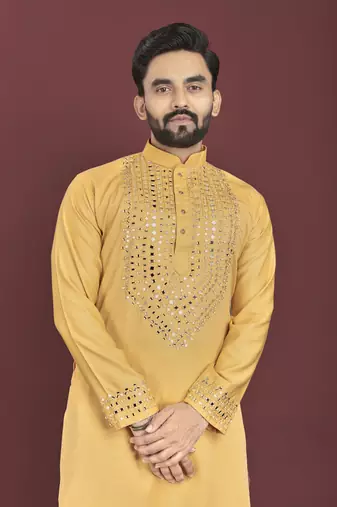 Yellow soft silk real mirror handwork on neck & sleeve kurta pajama set