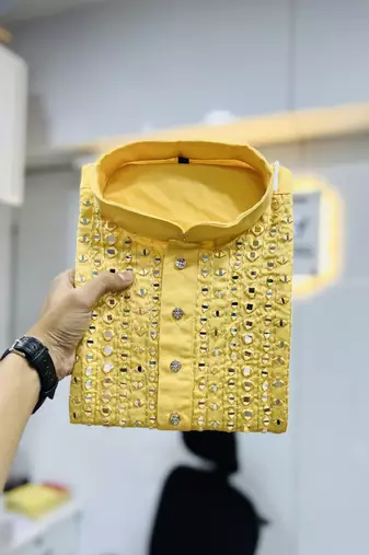 Yellow soft silk real mirror handwork on neck & sleeve kurta pajama set