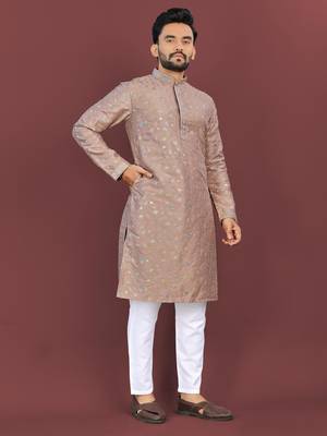 Brown silky silk multi thread embroidery with matte sequence work kurta pajama set 1