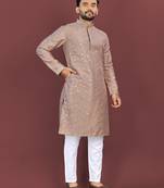 Brown silky silk multi thread embroidery with matte sequence work kurta pajama set