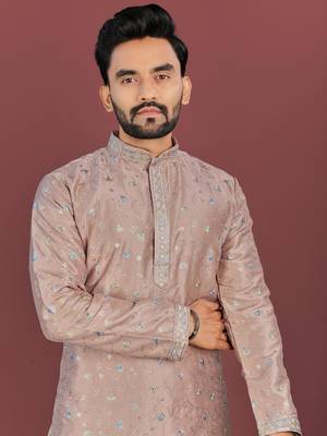 Brown silky silk multi thread embroidery with matte sequence work kurta pajama set 2