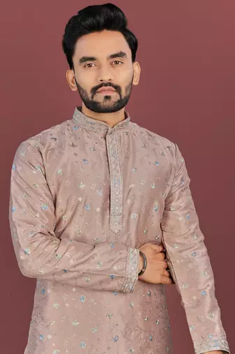 Brown silky silk multi thread embroidery with matte sequence work kurta pajama set