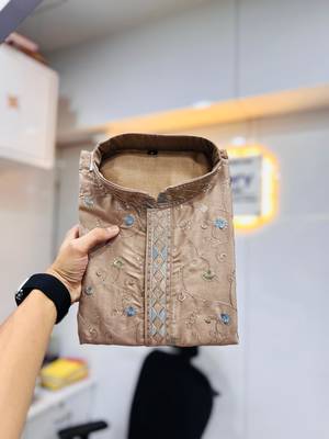 Brown silky silk multi thread embroidery with matte sequence work kurta pajama set 3