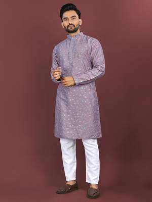 Lavender silky silk multi thread embroidery with matte sequence work kurta pajama set 1