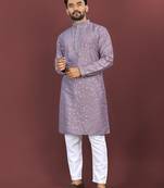 Lavender silky silk multi thread embroidery with matte sequence work kurta pajama set