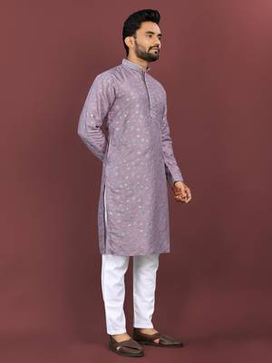 Lavender silky silk multi thread embroidery with matte sequence work kurta pajama set 2