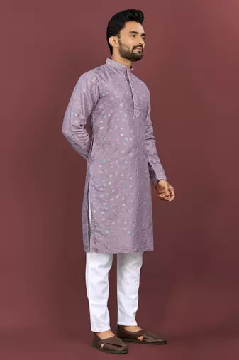 Lavender silky silk multi thread embroidery with matte sequence work kurta pajama set