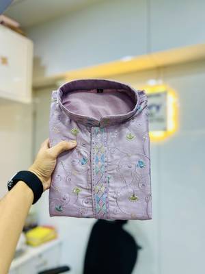 Lavender silky silk multi thread embroidery with matte sequence work kurta pajama set 3