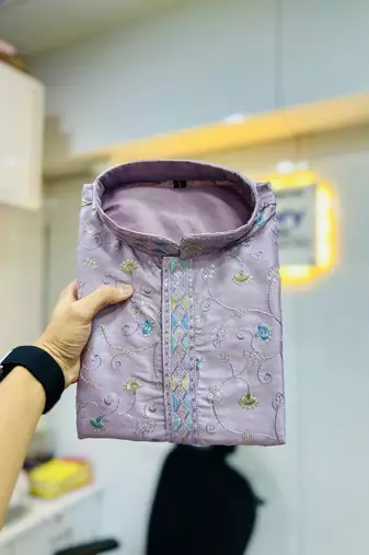 Lavender silky silk multi thread embroidery with matte sequence work kurta pajama set