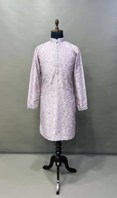 Lavender silky silk multi thread embroidery with matte sequence work kurta pajama set 4