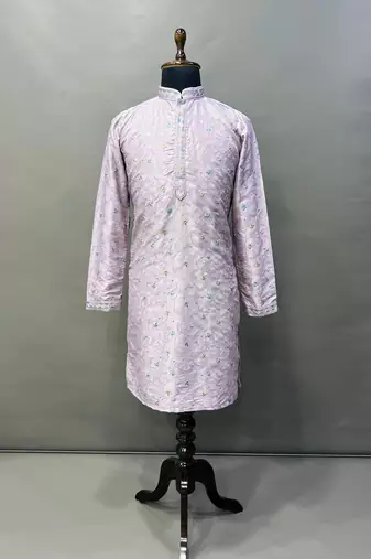 Lavender silky silk multi thread embroidery with matte sequence work kurta pajama set
