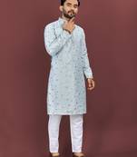 Sky blue silky silk multi thread embroidery with matte sequence work kurta pajama set