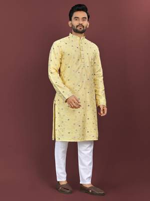 Yellow silky silk multi thread embroidery with matte sequence work kurta pajama set 1