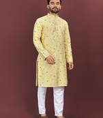 Yellow silky silk multi thread embroidery with matte sequence work kurta pajama set