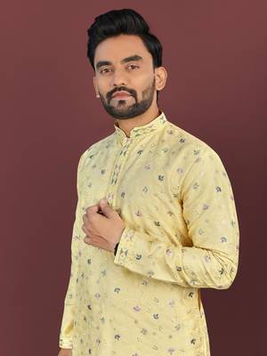 Yellow silky silk multi thread embroidery with matte sequence work kurta pajama set 2