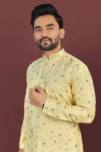 Yellow silky silk multi thread embroidery with matte sequence work kurta pajama set
