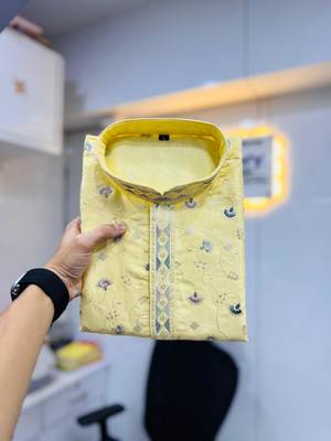 Yellow silky silk multi thread embroidery with matte sequence work kurta pajama set 3