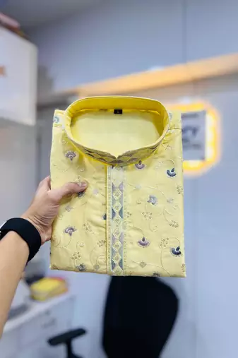 Yellow silky silk multi thread embroidery with matte sequence work kurta pajama set