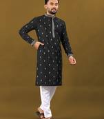 Black matka silk sliver zari with embroidery butti work kurta pajama set