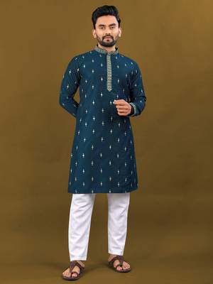 Navy blue matka silk sliver zari with embroidery butti work kurta pajama set 1