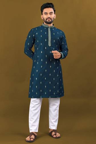 Navy blue matka silk sliver zari with embroidery butti work kurta pajama set