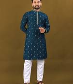 Navy blue matka silk sliver zari with embroidery butti work kurta pajama set