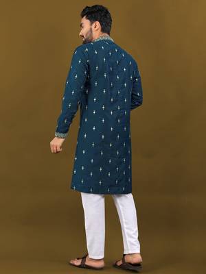 Navy blue matka silk sliver zari with embroidery butti work kurta pajama set 2