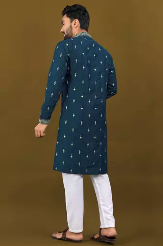Navy blue matka silk sliver zari with embroidery butti work kurta pajama set