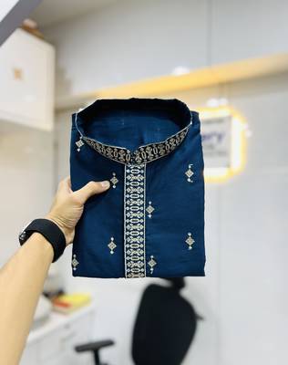 Navy blue matka silk sliver zari with embroidery butti work kurta pajama set 3