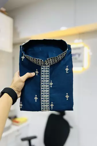 Navy blue matka silk sliver zari with embroidery butti work kurta pajama set