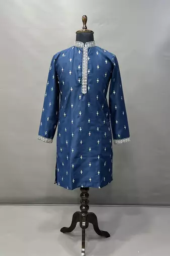 Navy blue matka silk sliver zari with embroidery butti work kurta pajama set