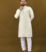 Off white matka silk sliver zari with embroidery butti work kurta pajama set