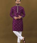 Purple matka silk sliver zari with embroidery butti work kurta pajama set