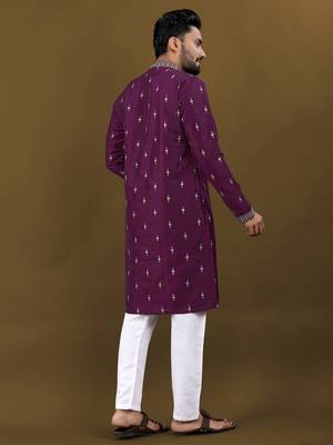 Purple matka silk sliver zari with embroidery butti work kurta pajama set 2