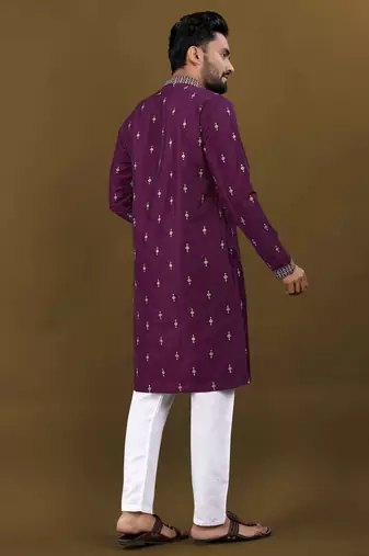 Purple matka silk sliver zari with embroidery butti work kurta pajama set